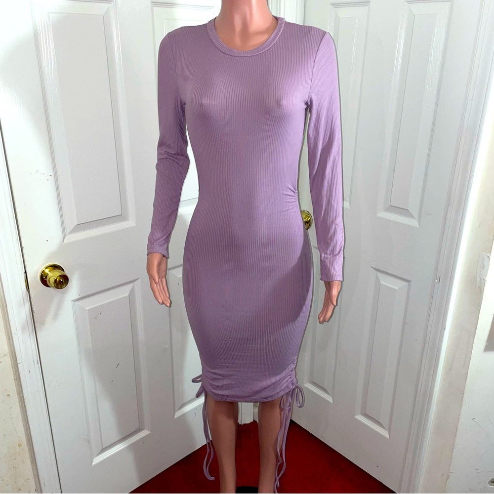 Lavender purple Ribbed long sleeve drawstring dress